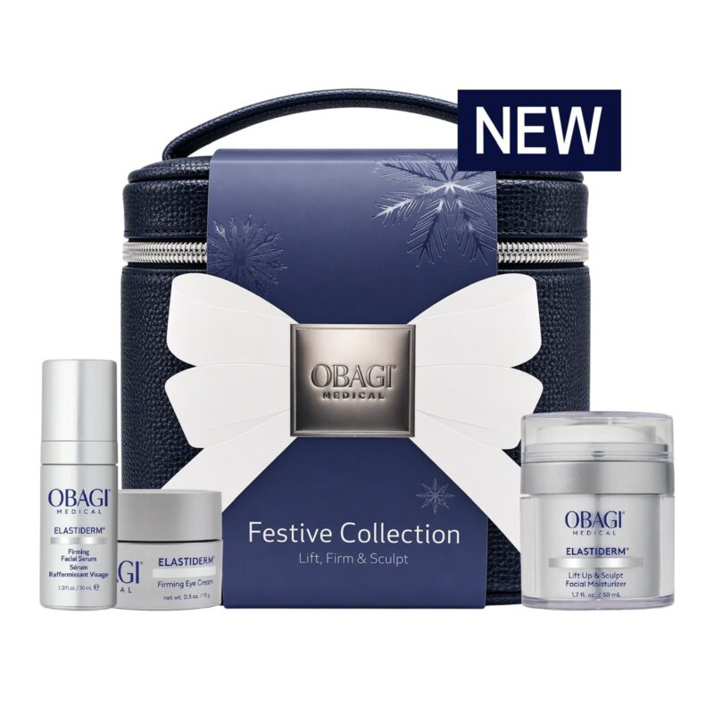 Blue bag showing the 3 products, lift up and sculpt, elastiderm serum and eye cream